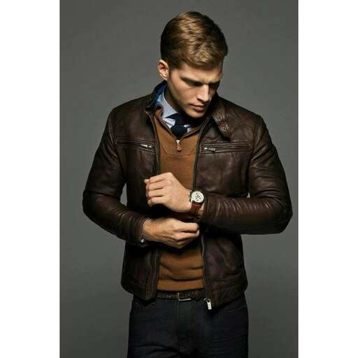 a man in a brown leather jacket.