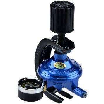 a blue electric mixer with a black lid.