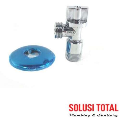 a small blue metal faucet with a large silver handle.
