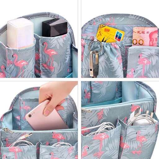 a bag with a pink bird on it and a handbag on it.