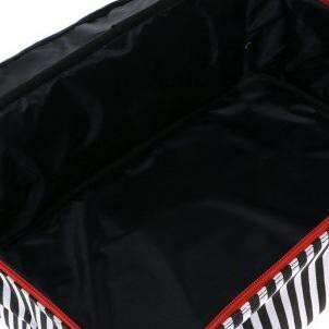 a black and white striped box with a red stripe and a white stripe.