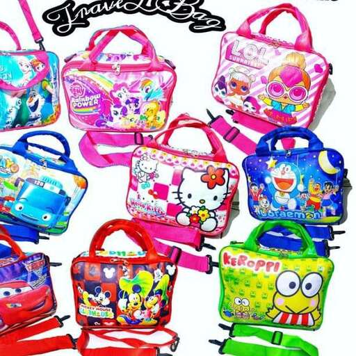 a collection of colorful bags for kids to travel.