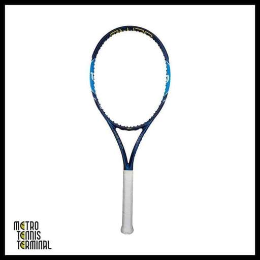 a tennis racket with a blue handle and a black and white picture.