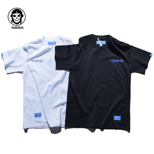 men's black and white t - shirt with blue logo on front and back in the back.