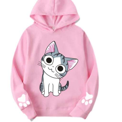 pink hooded sweatshirt with a cute cat on the front