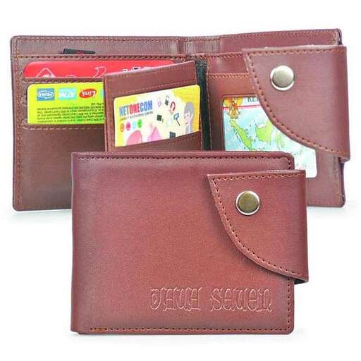 a brown leather wallet with a red and white background.