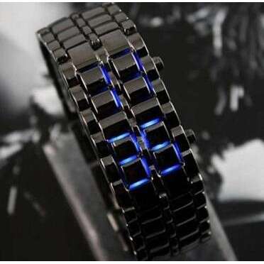 a black leather watch with blue leds.