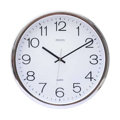 a large wall clock with a white face and black hands.