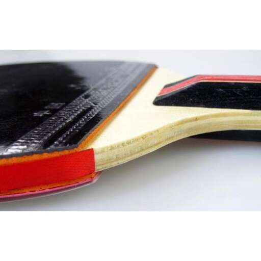 a hard plastic tennis racket with a leather cover.