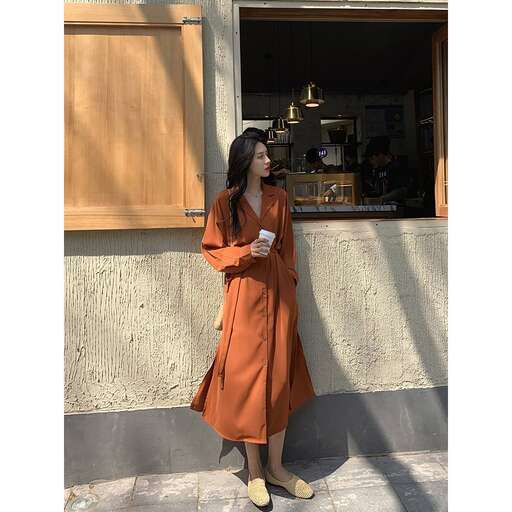 a woman in a long brown dress