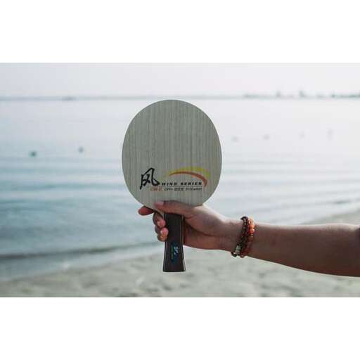 a hand holding a tennis racket on a beach.