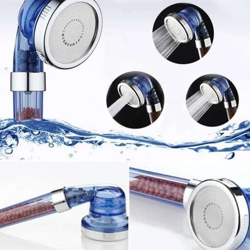 a blue and silver faucet with a white background.