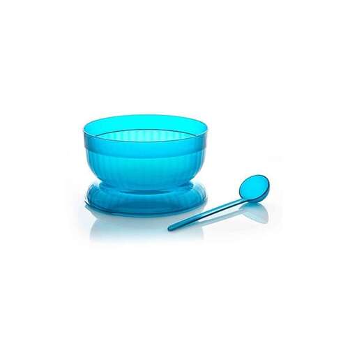 a blue bowl and spoon on a white background