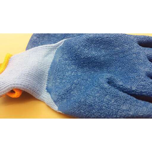 a blue glove with a yellow handle.