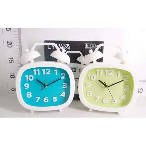 two green and white clocks with blue and green faces.