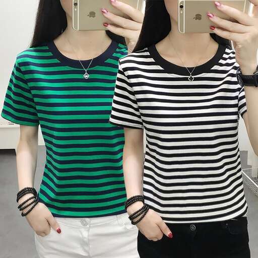 a striped shirt with a striped top and white pants.