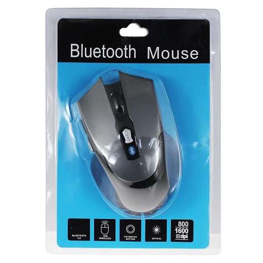 a blue mouse in a plastic package with a mouse inside.