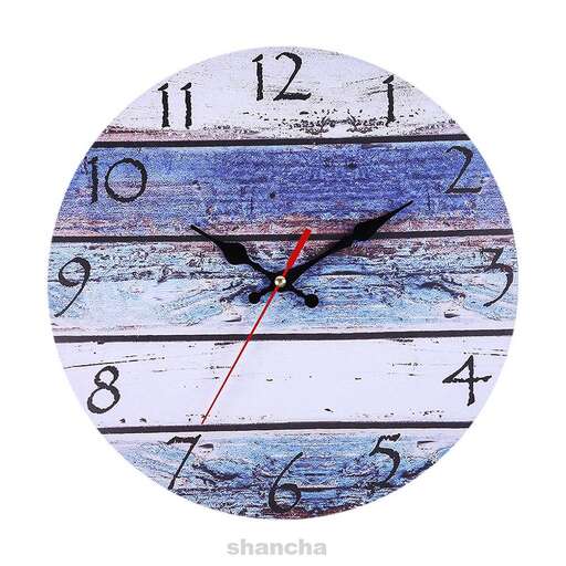 a clock with a red second hand and a blue background.