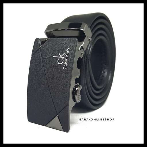 a black leather belt with a logo on it.