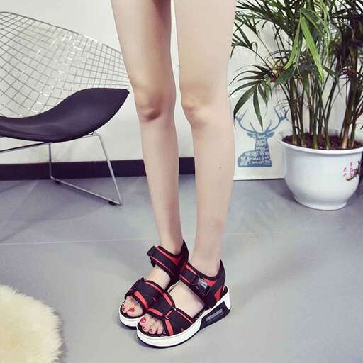 a pair of sandals with sandals and a plant in the background.