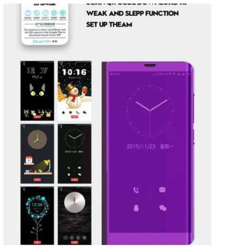 a purple smartphone with a black dial and a blue case.