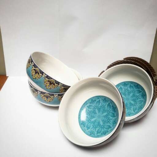 a set of bowls with blue and white plates.