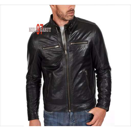 a black leather jacket with a collar