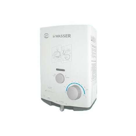 a water heater that is white with blue and red accents.