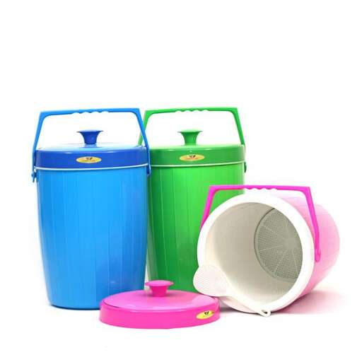 a set of three - sided plastic buckets with a lid.