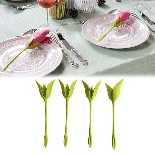 a set of three green tulips with pink flowers in the middle.