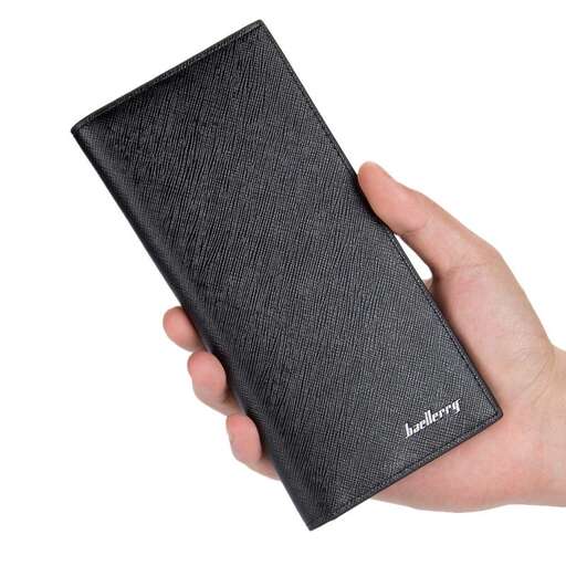 a hand holding a wallet with a blank cover.