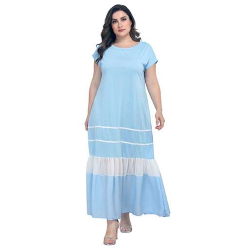 a light blue and white maxi dress with a striped skirt and a striped skirt.
