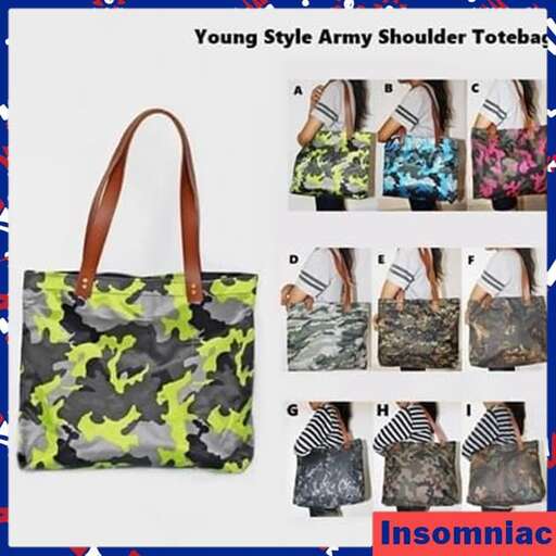 a bag with a camouflage print and a pair of shoes.
