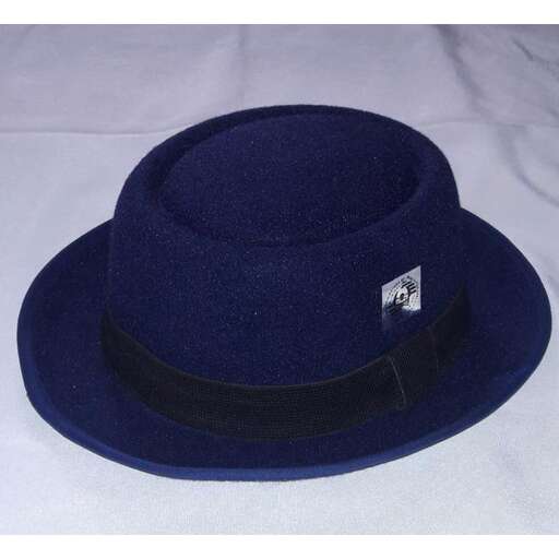 a blue hat with a black band on it.