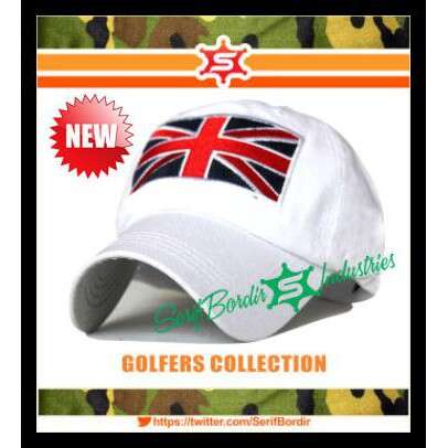 a white baseball cap with a flag on it