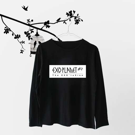 a black long sleeve top with a white logo on the front.