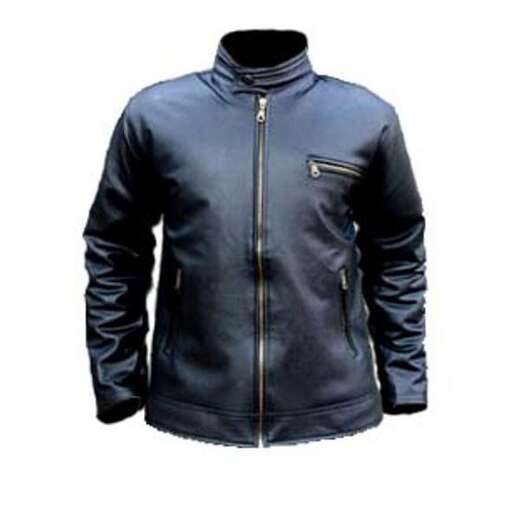garment in a navy blue leather jacket