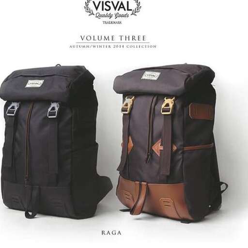 a black backpack with a brown strap and a brown leather strap.