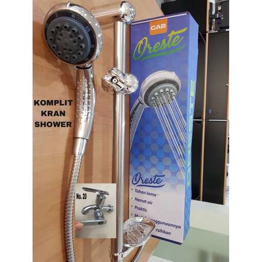 a shower head with a blue and white shower head.