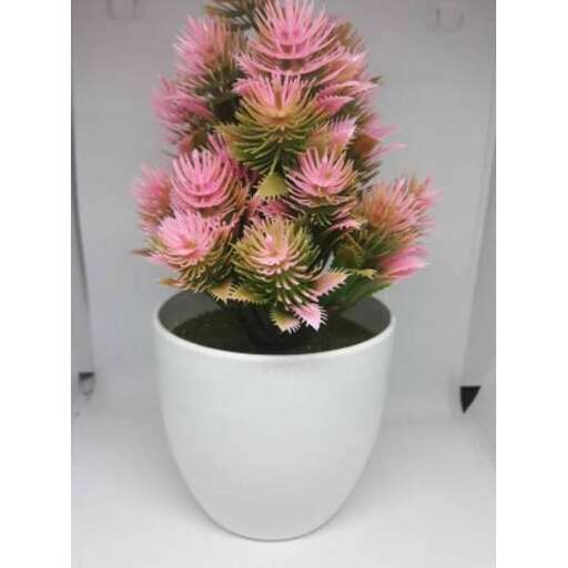 a pink cactus in a white pot