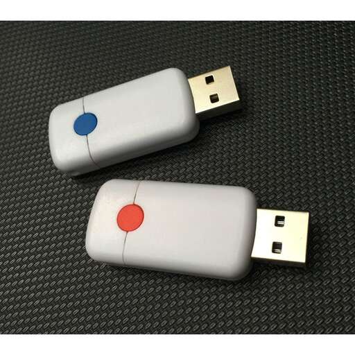 a pair of buttons with a red and blue button.