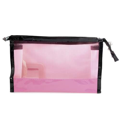 pink and black diaper bag with a pink lining.