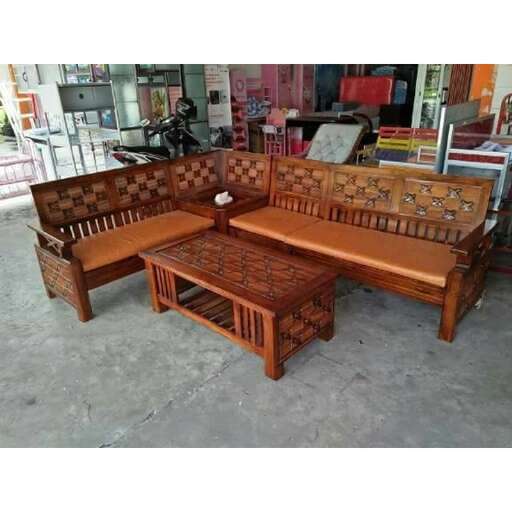 a bench made out of wood and leather.