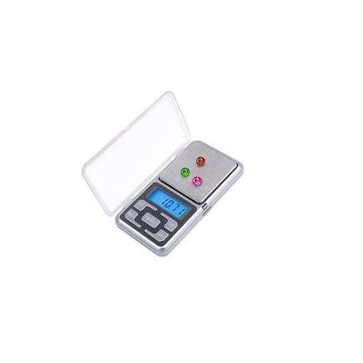 a white clock with a blue light and a red button.
