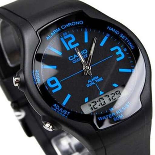 the watch is made of black leather and has a blue dial and a white dial.