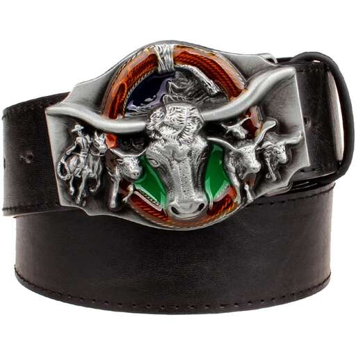 a leather belt with a bull's head and a green and red pendant.