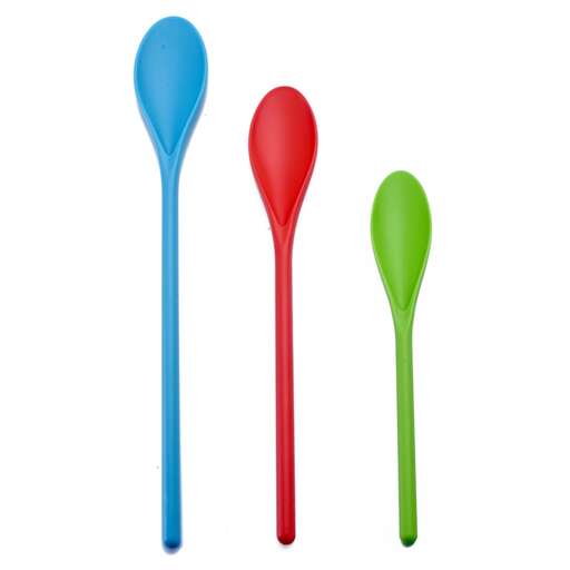 a set of colorful spoons on a white background.