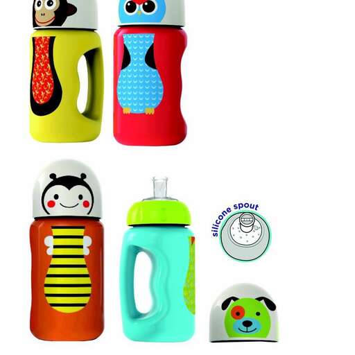 a set of three colorful mugs with a clock on the front.