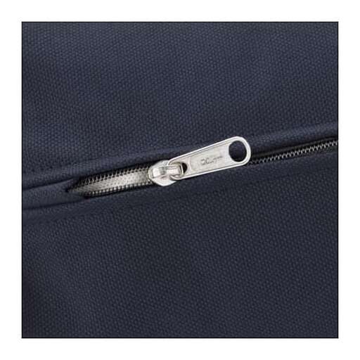 a zipper on a blue bag.