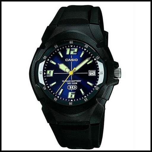 a watch with a blue face and black dial.